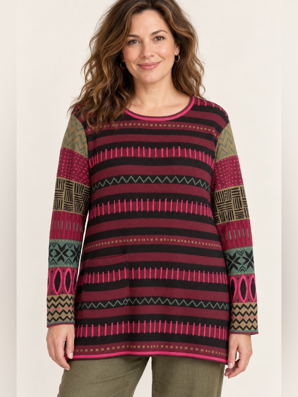 Gudrun Sjoden M Organic Cotton Geometric Striped Tunic Sweater Pocket